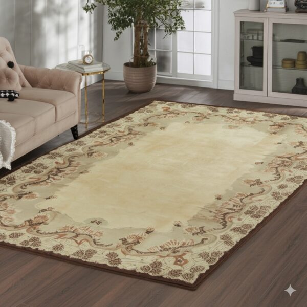 Rectangular beige rug with a detailed brown and rust-toned floral border on dark hardwood flooring.