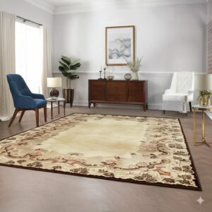 A beige and brown floral border rug anchors a bright living room with wood furniture and blue and white chairs.