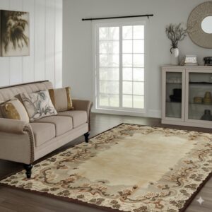 Beige area rug with detailed brown and taupe scrolling pattern under a tan tufted sofa.