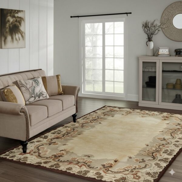 Beige area rug with detailed brown and taupe scrolling pattern under a tan tufted sofa.