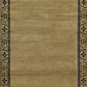 Gold runner rug with a low pile field and an ornate black and blue floral border.