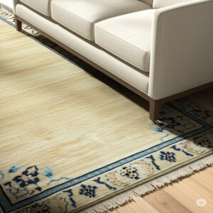 Textured cream rug featuring a detailed blue and tan border near a white upholstered sofa.