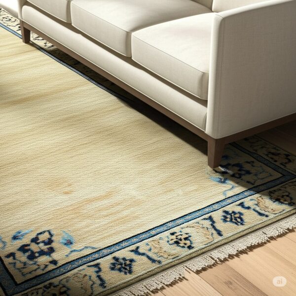 Textured cream rug featuring a detailed blue and tan border near a white upholstered sofa.