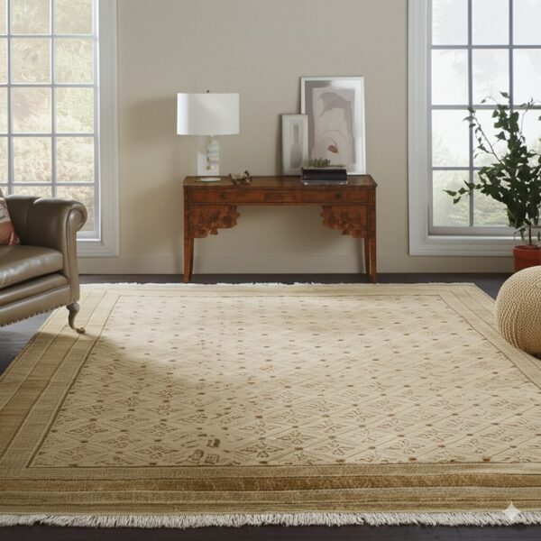 Beige geometric patterned rug with fringes covers dark wood floors in a bright, furnished living room.