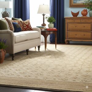 Light beige rug with subtle textured geometric patterns defines a bright room with dark wood floors.