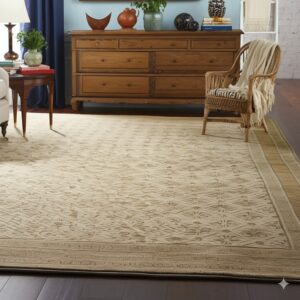 Neutral low-pile rug with geometric patterns and tan borders anchors a room with blue walls and a wicker chair.