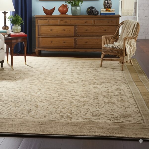 Neutral low-pile rug with geometric patterns and tan borders anchors a room with blue walls and a wicker chair.