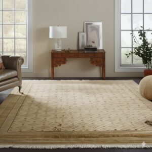 Beige low-pile rug with geometric diamond pattern and wide tan borders in a sunlit living space.