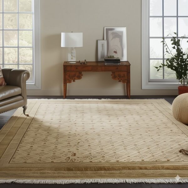 Beige low-pile rug with geometric diamond pattern and wide tan borders in a sunlit living space.