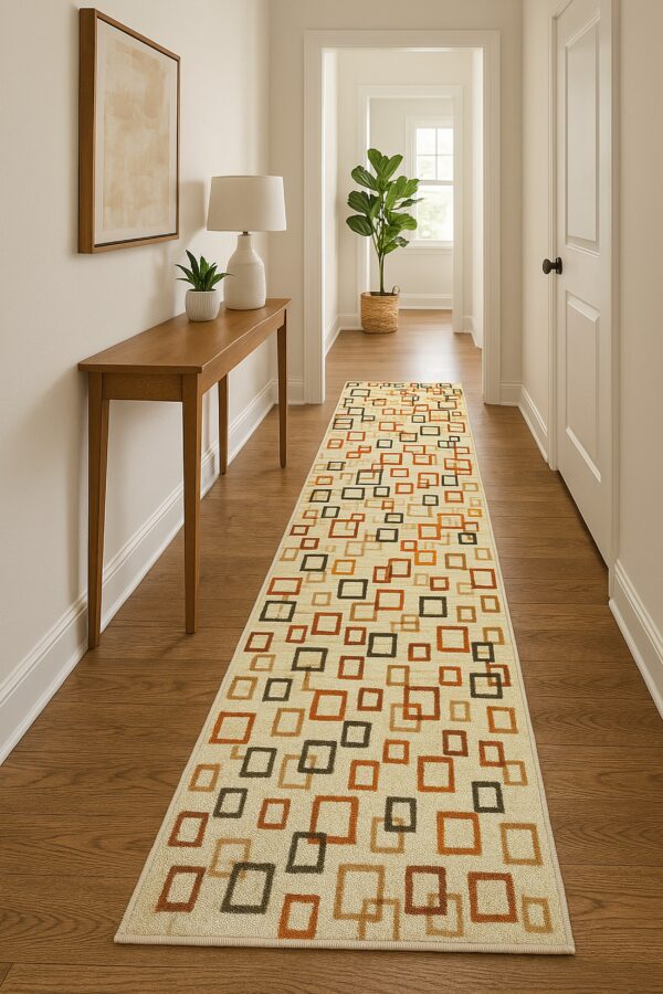 A cream runner rug featuring brown and rust geometric squares runs down a wooden hallway with a console table.