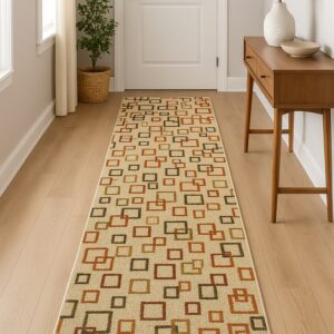 Beige runner rug with brown and rust geometric squares styled in a bright modern entryway.