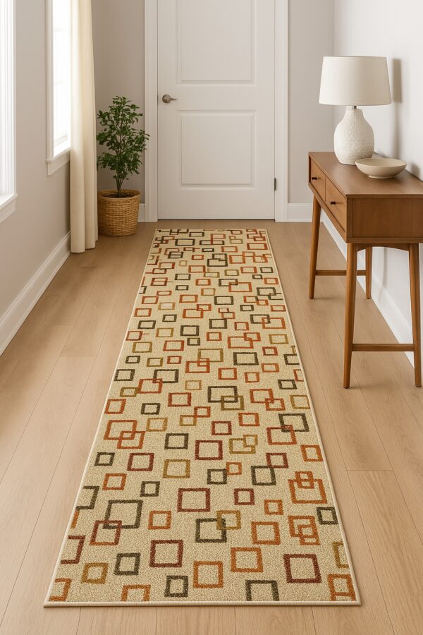 Beige runner rug with brown and rust geometric squares styled in a bright modern entryway.