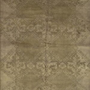 Muted khaki rug featuring a lustrous low pile and a tone-on-tone ornate floral lattice pattern.