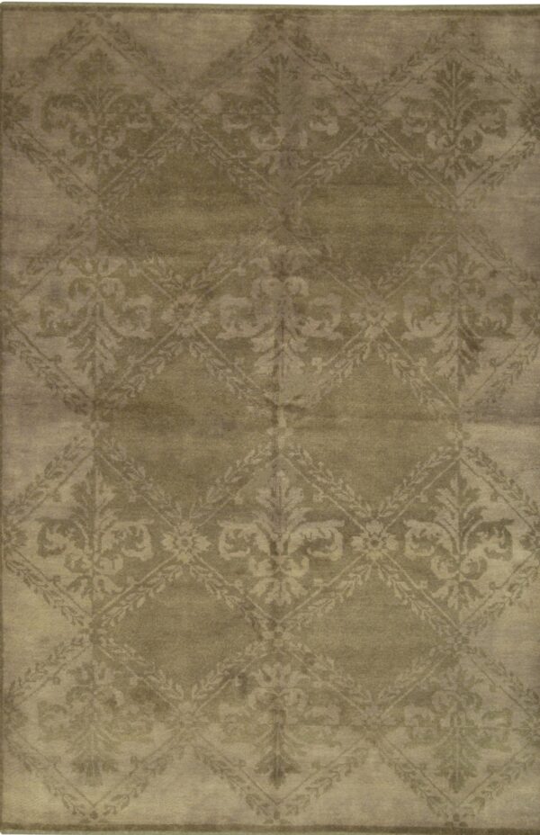 Muted khaki rug featuring a lustrous low pile and a tone-on-tone ornate floral lattice pattern.