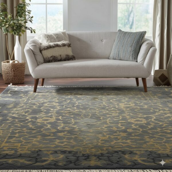 Dark gray rug featuring a scrolling yellow pattern and fringe sits beneath a light sofa.