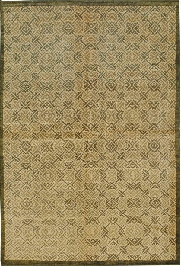 Low-pile rug with interlocking geometric patterns in tan, olive green, and dark brown hues.
