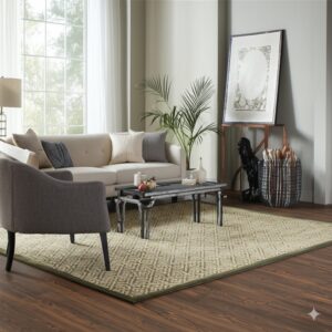 A geometric beige and olive green area rug borders a seating arrangement on dark wood floors.