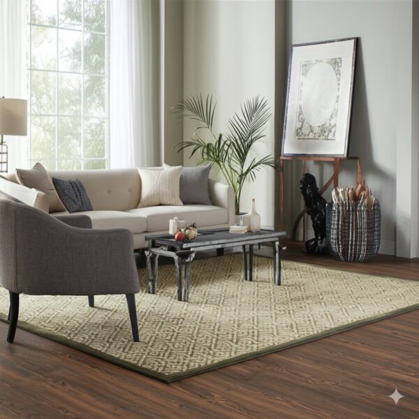 A geometric beige and olive green area rug borders a seating arrangement on dark wood floors.