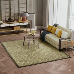 Light green geometric rug with a dark border anchors a neutral sofa on chevron wood flooring.