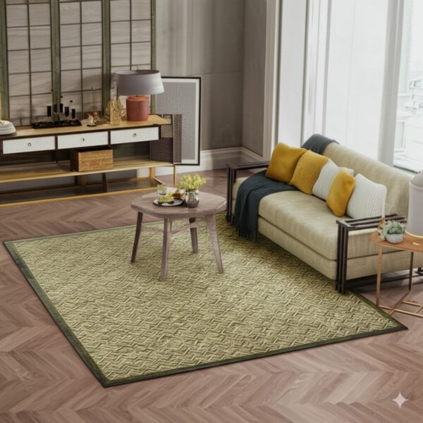 Light green geometric rug with a dark border anchors a neutral sofa on chevron wood flooring.