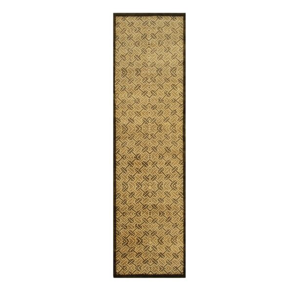 A long runner rug featuring a tan and dark brown interlocking geometric pattern with a solid border.