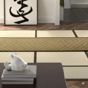 A khaki chevron-textured runner lies centered on light beige floor mats framed by dark borders.