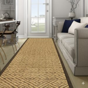 A textured beige runner rug with a repeating brown diamond pattern stretches between a sofa and bar seating.