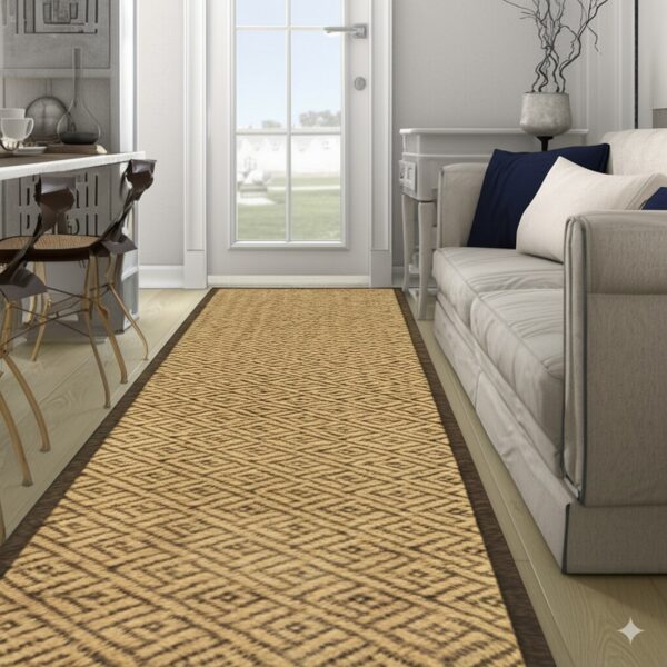 A textured beige runner rug with a repeating brown diamond pattern stretches between a sofa and bar seating.