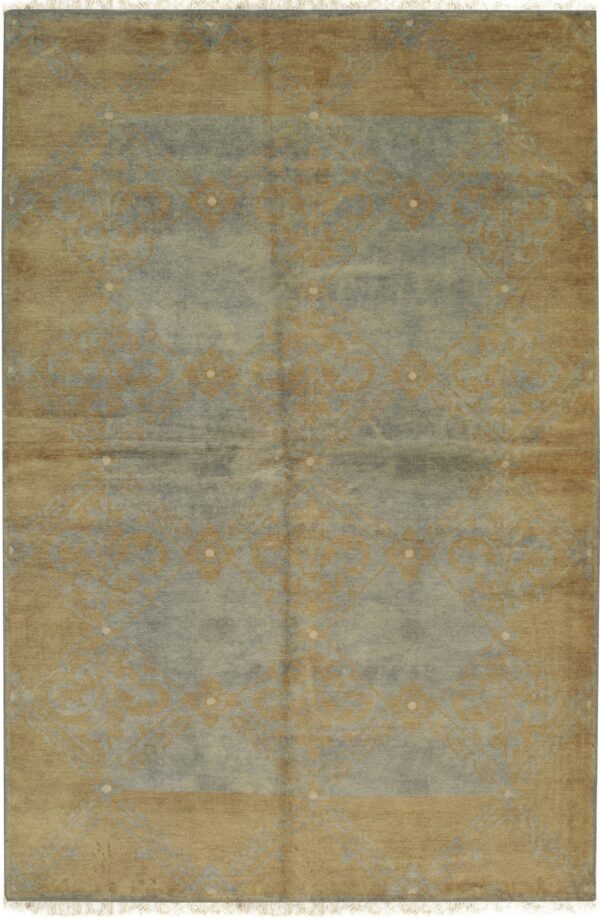 Low-pile rug featuring a faded gold pattern on blue-gray with a tan border and fringes.