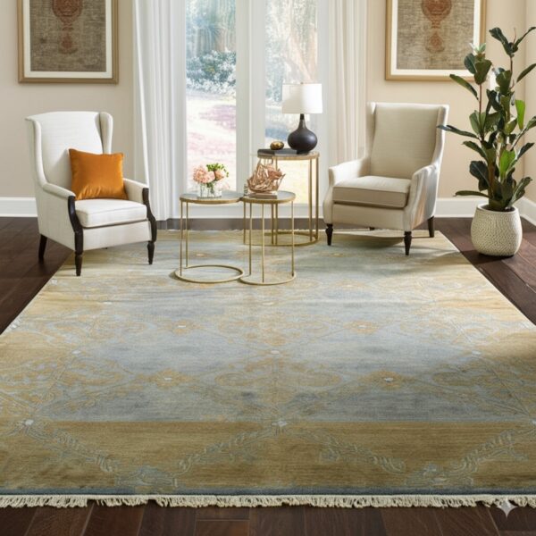 Blue and gold patterned rug defines a seating area with two cream wing chairs on dark wood floors.
