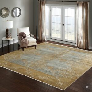 Gold and light gray distressed traditional rug centered on dark wood floors near a white armchair.