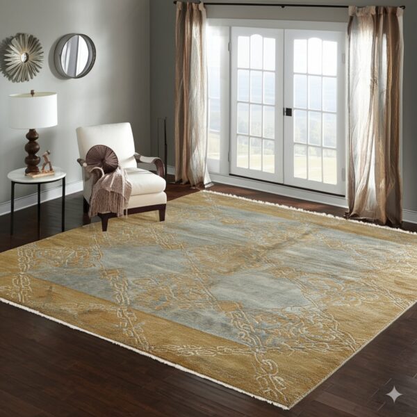 Gold and light gray distressed traditional rug centered on dark wood floors near a white armchair.