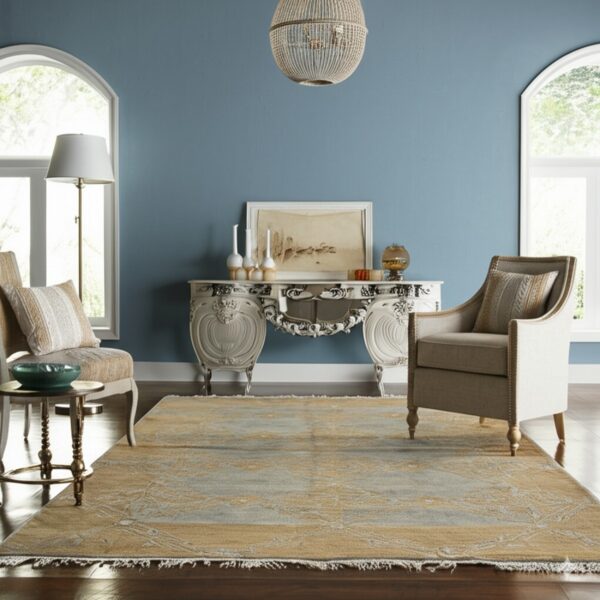 Faded tan and gray rug with a subtle pattern placed between two upholstered chairs and a console table.