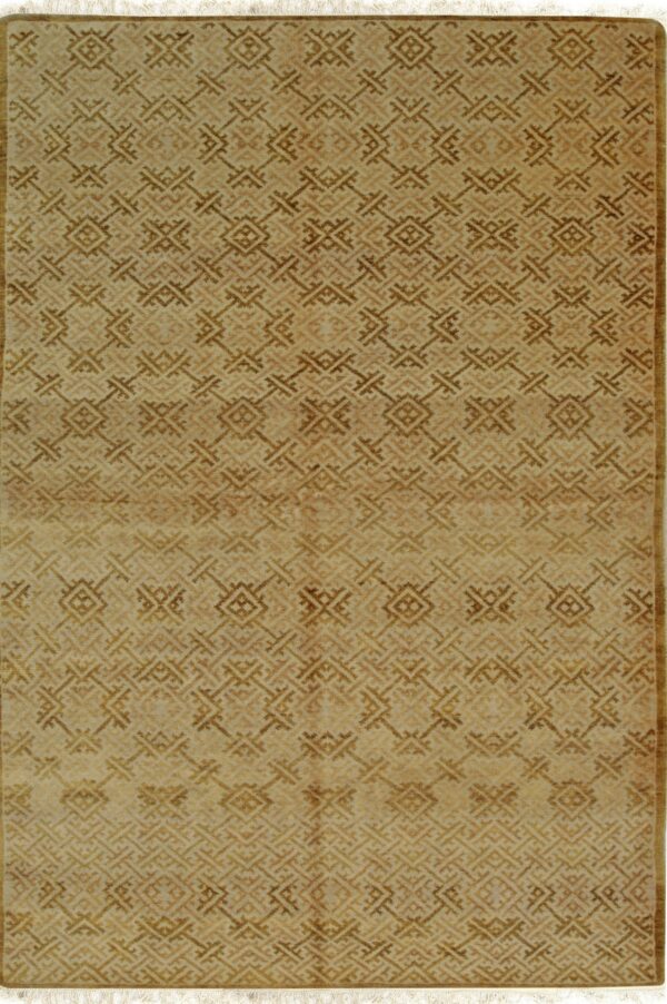Low-pile gold rug with a detailed repeating brown geometric trellis pattern and white fringe.