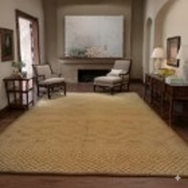 Tan geometric rug anchors a sitting area with two armchairs and a fireplace on dark wood floors.