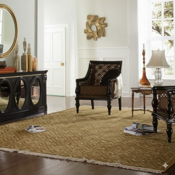 Mustard gold area rug with an angular textured pattern lays beneath two dark wood and cane-backed armchairs.