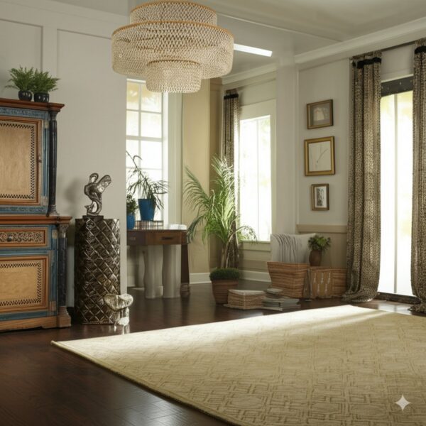 Light tan geometric area rug spanning dark hardwood flooring in a living space with tall windows.