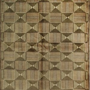 Geometric rug featuring repeating squares and hourglass shapes in shades of olive, taupe, and cream.