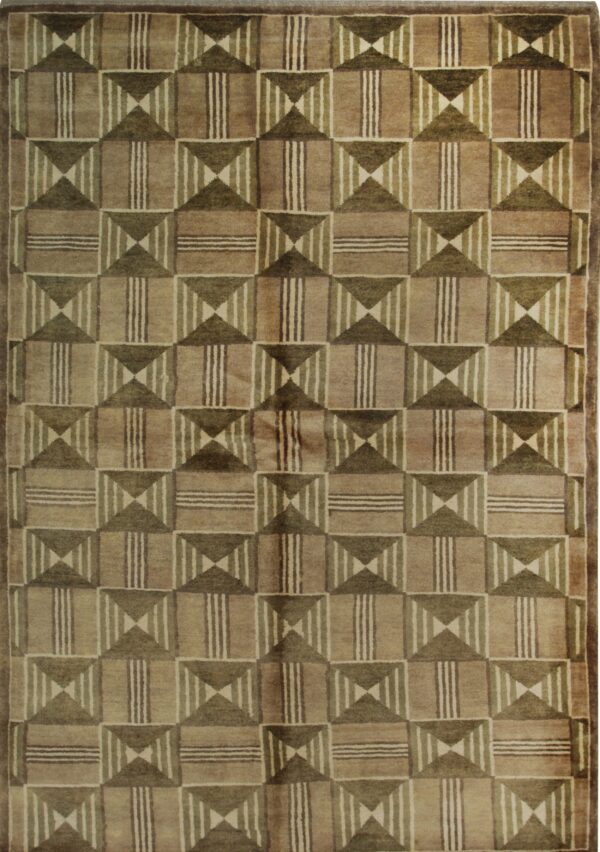 Geometric rug featuring repeating squares and hourglass shapes in shades of olive, taupe, and cream.