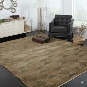 Geometric tan and olive rug rests on dark flooring beside a dark gray armchair and tripod lamp.