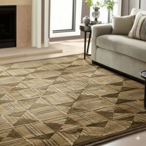 Geometric rug in taupe and brown tones lies on light flooring near a light-colored sofa and fireplace.