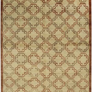 Tan rug with a repetitive scroll pattern in brown and terracotta, framed by a solid brown border.