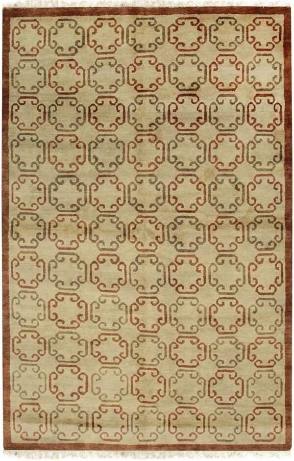 Tan rug with a repetitive scroll pattern in brown and terracotta, framed by a solid brown border.