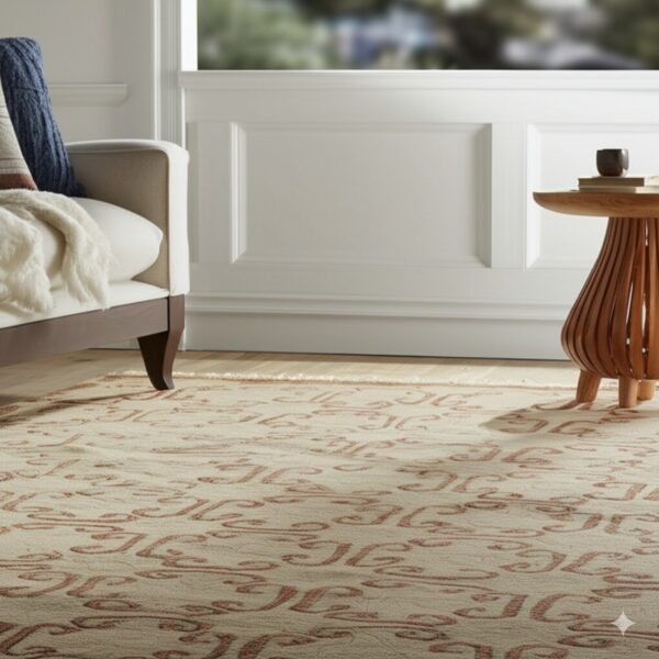 Cream rug with repeating rust-colored scrolling motifs sits under a wooden side table and chair.