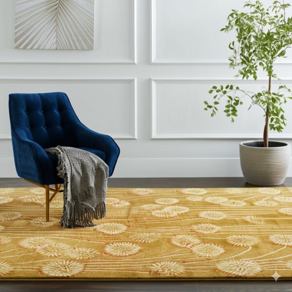 A mustard rug with cream dandelion patterns sits below a blue velvet chair on dark wood floors.