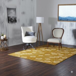 A gold rug featuring large white dandelion designs rests on dark wood flooring beneath two chairs in a gray room.