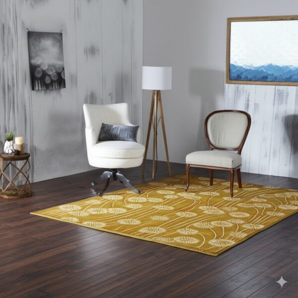 A gold rug featuring large white dandelion designs rests on dark wood flooring beneath two chairs in a gray room.