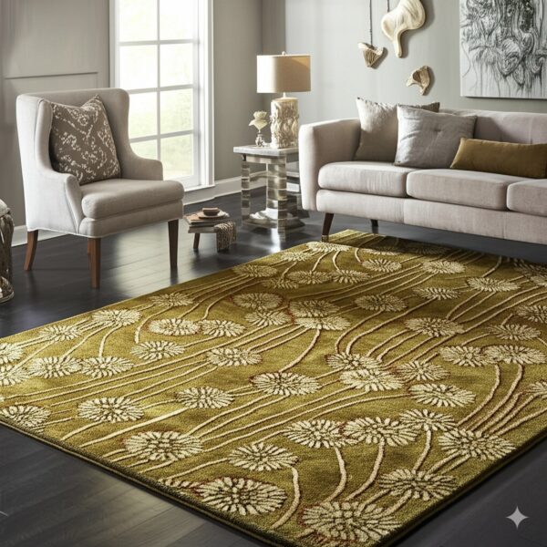 Sculpted green and cream floral area rug lying on dark flooring in a contemporary living space.