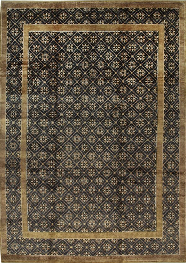 Dark brown rug with an all-over tan diamond lattice and floral medallion design, bordered by solid tan.
