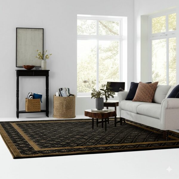 A black and gold patterned rug anchors a living room with a cream sofa and white floors.